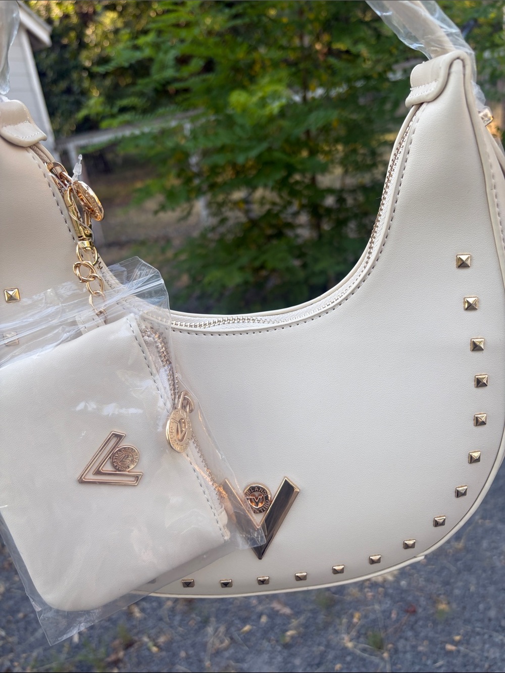 Valentino Orlandi Cream Crescent Shoulder Bag with Coin Pouch